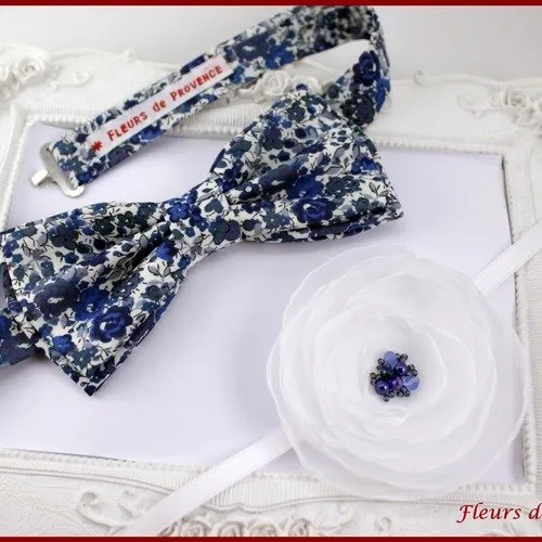 Noeud papillon double tissu liberty emma and georgina bleu et blanc - enfant