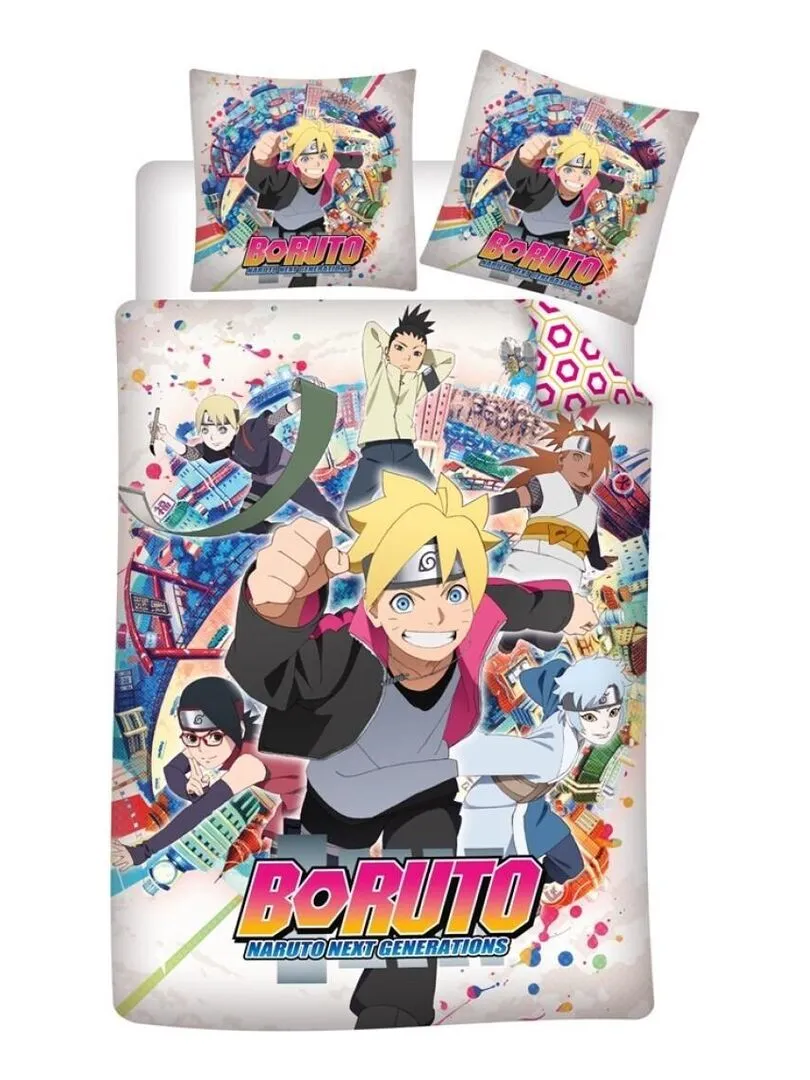 Parure de lit réversible Boruto et tous les personnages - Naruto Next Generations - 140 cm x 200 cm - Multicolore