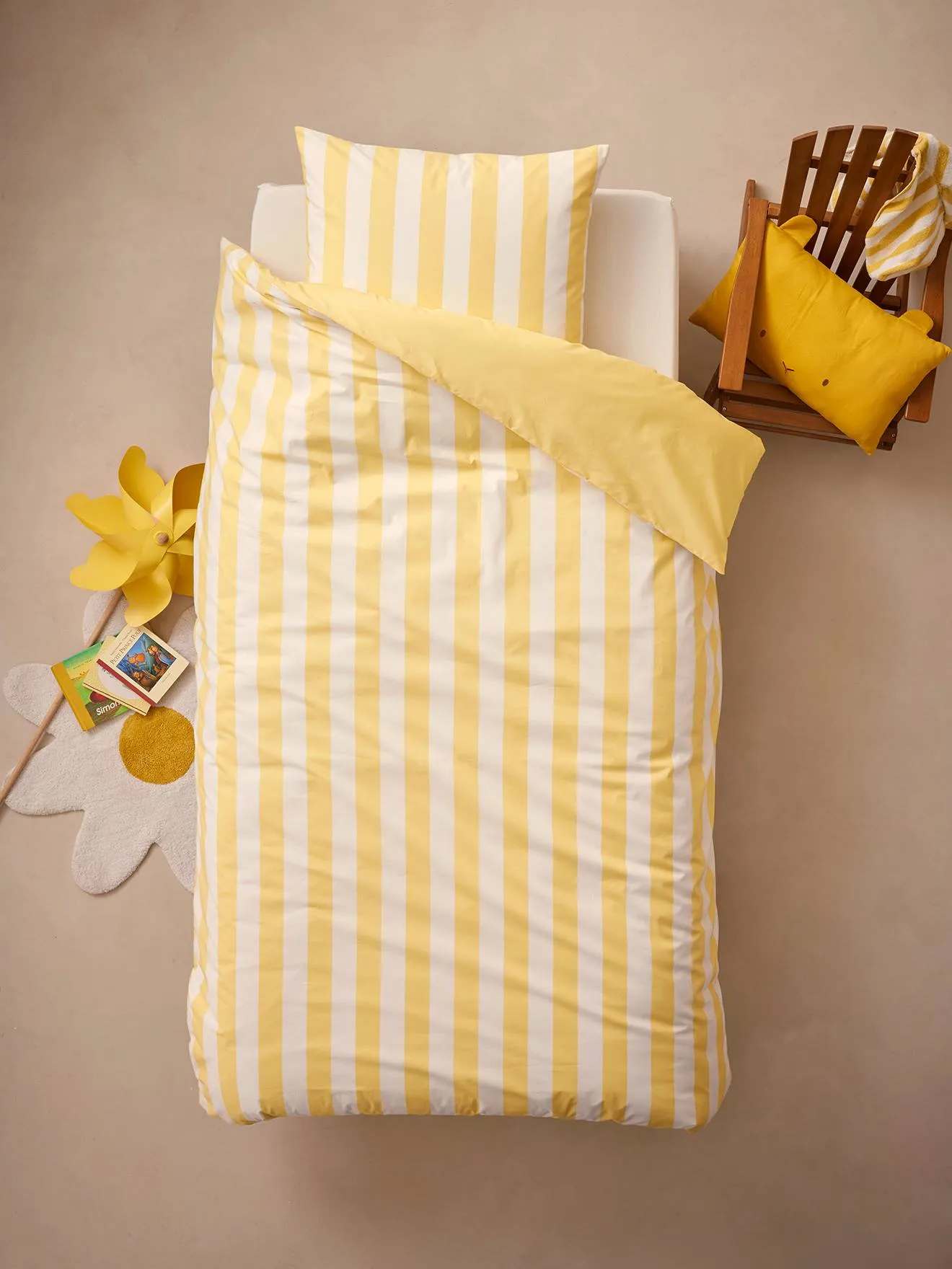 Parure housse de couette + taie d'oreiller essentiels enfant avec coton recyclé TRANSAT rayé jaune - Vertbaudet