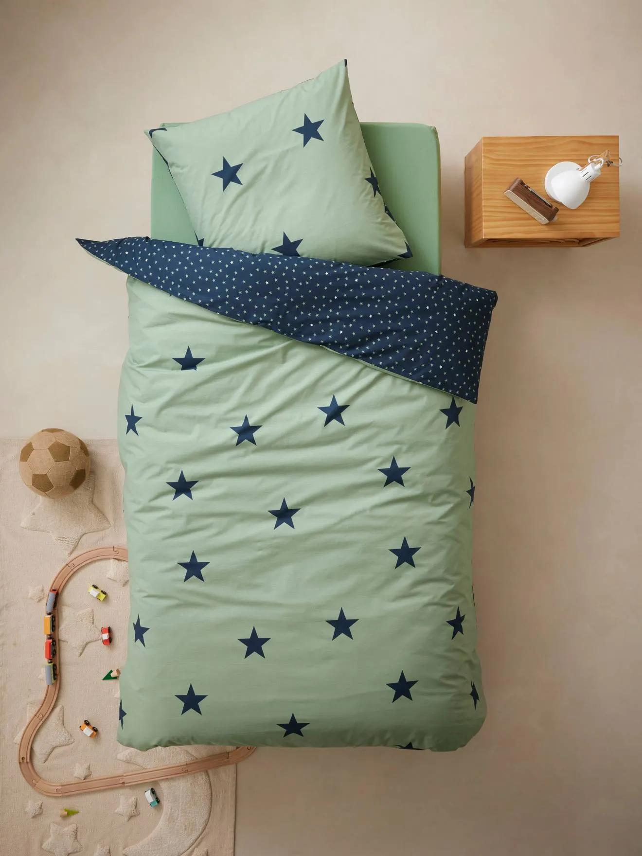 Parure housse de couette + taie d'oreiller essentiels enfant DREAM BIG kaki / étoiles marine - Vertbaudet