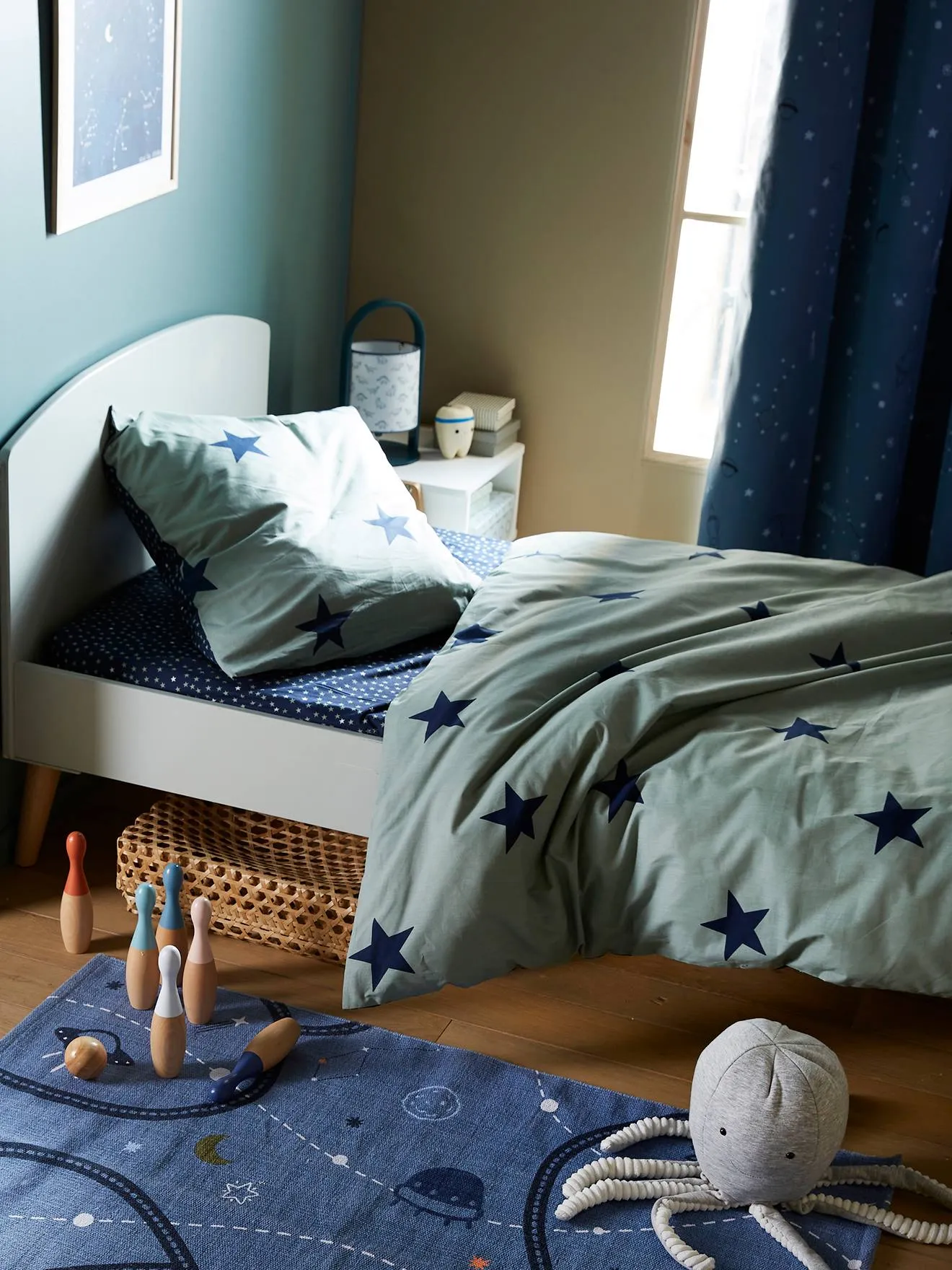 Parure housse de couette + taie d'oreiller essentiels enfant DREAM BIG kaki / étoiles marine - Vertbaudet