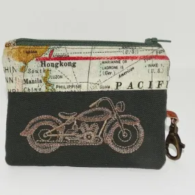 Petit porte-monnaie homme original et pratique  en toile de coton kaki  avec porte-clés  broderie moto vintage, mousqueton