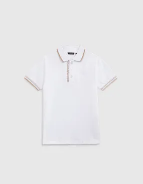 Polo blanc coton bio bords-côtes rayés garçon