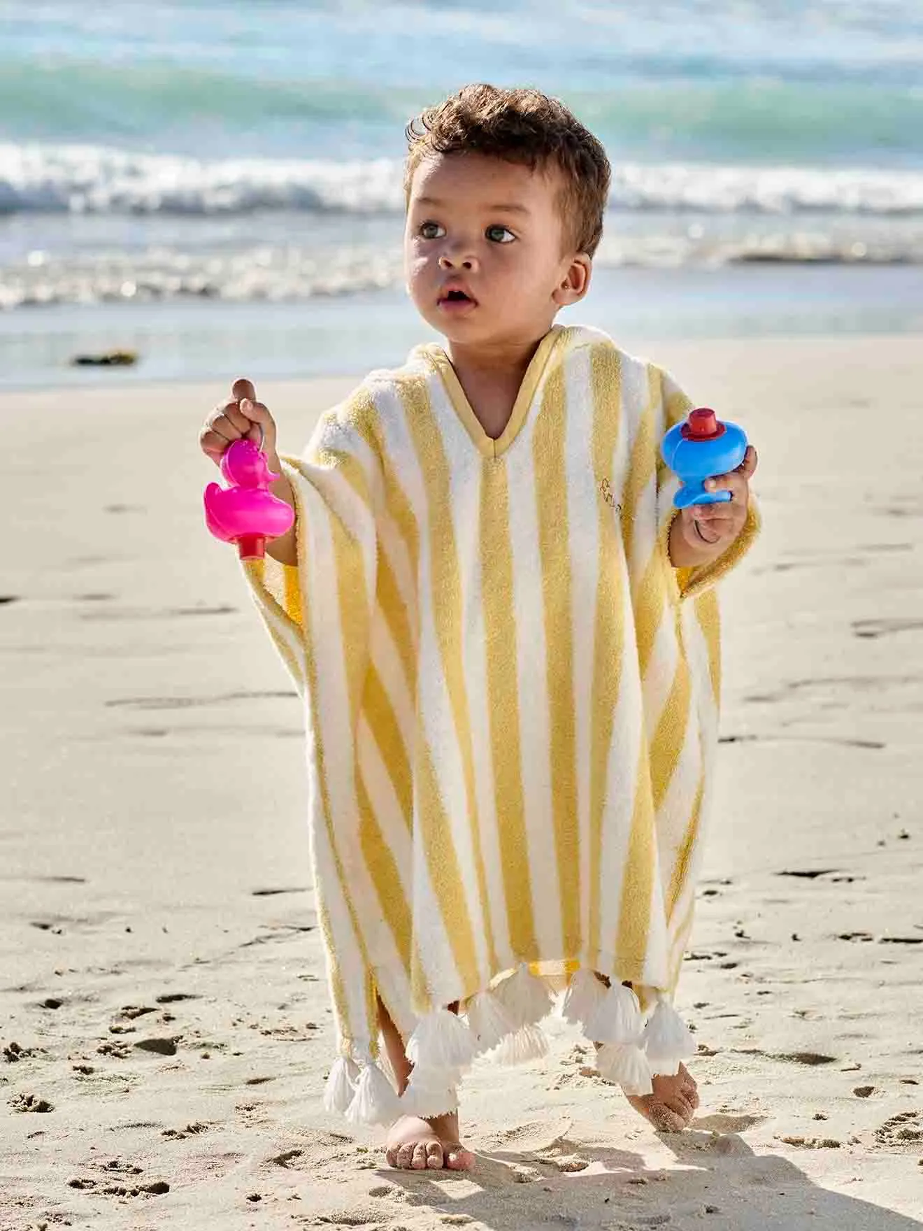 Poncho de bain bébé à rayures personnalisable rayé jaune - Vertbaudet