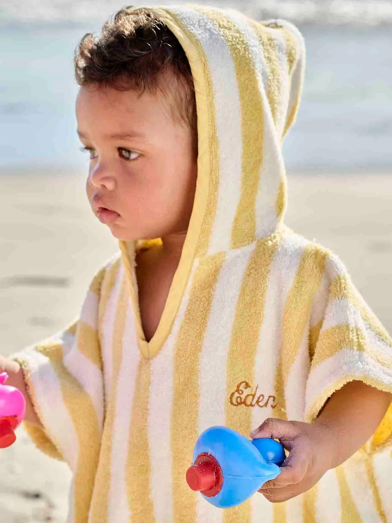 Poncho de bain bébé à rayures personnalisable rayé jaune - Vertbaudet