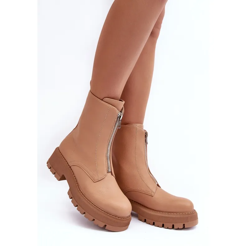 PS1 Bottines Plates En Cuir Avec Fermeture Éclair Camel Vimal beige