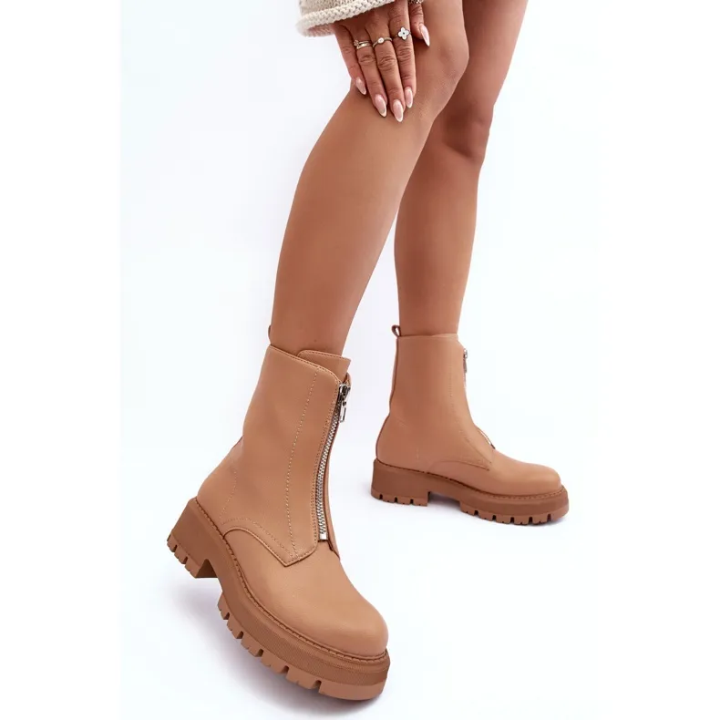 PS1 Bottines Plates En Cuir Avec Fermeture Éclair Camel Vimal beige