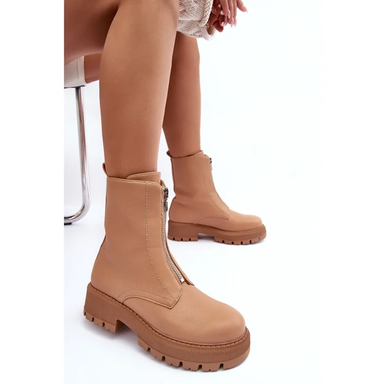 PS1 Bottines Plates En Cuir Avec Fermeture Éclair Camel Vimal beige