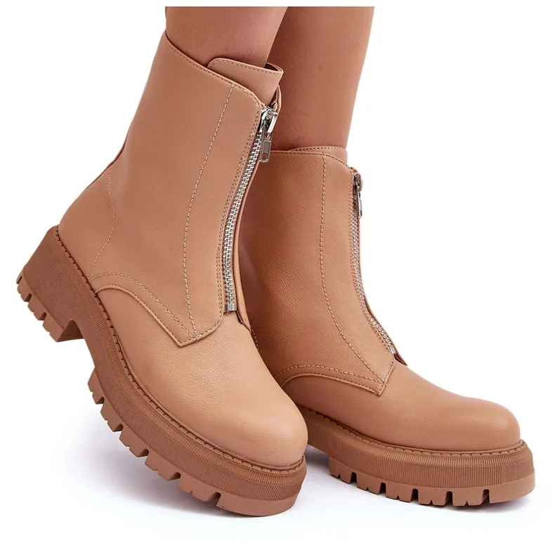 PS1 Bottines Plates En Cuir Avec Fermeture Éclair Camel Vimal beige