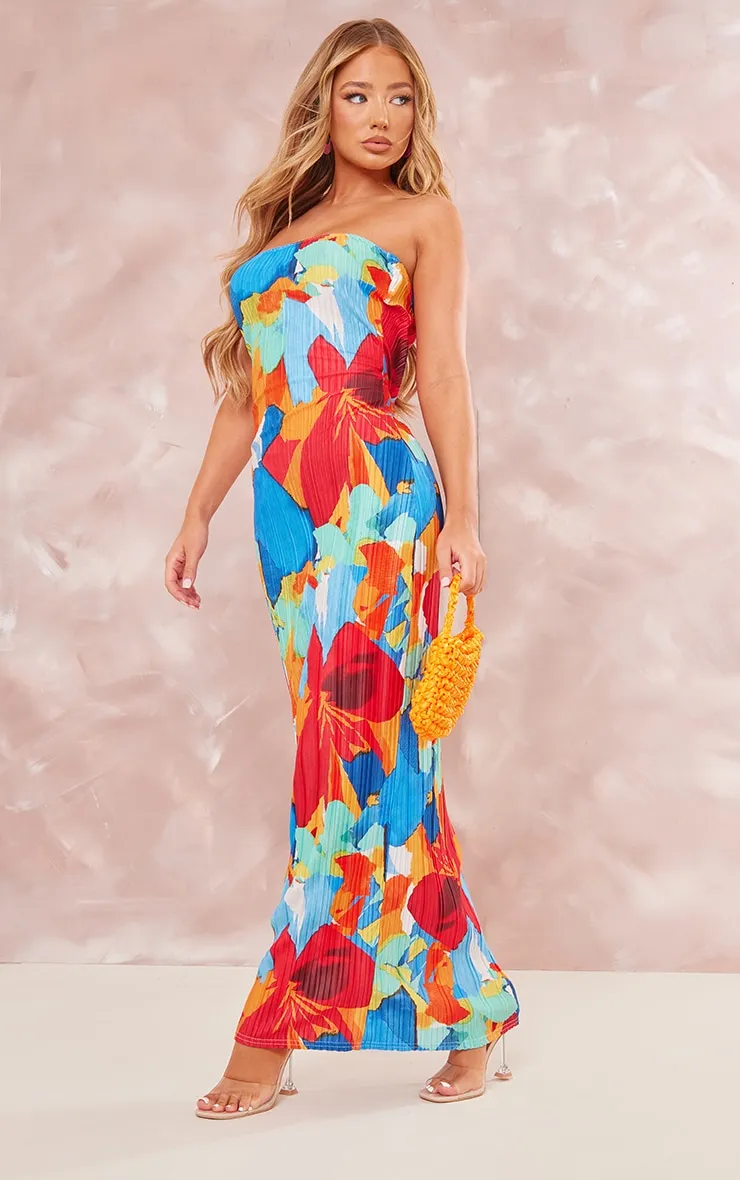 Robe bustier longue plissée multicolore à fleurs abstraites et dos bénitier