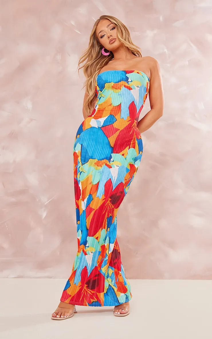 Robe bustier longue plissée multicolore à fleurs abstraites et dos bénitier