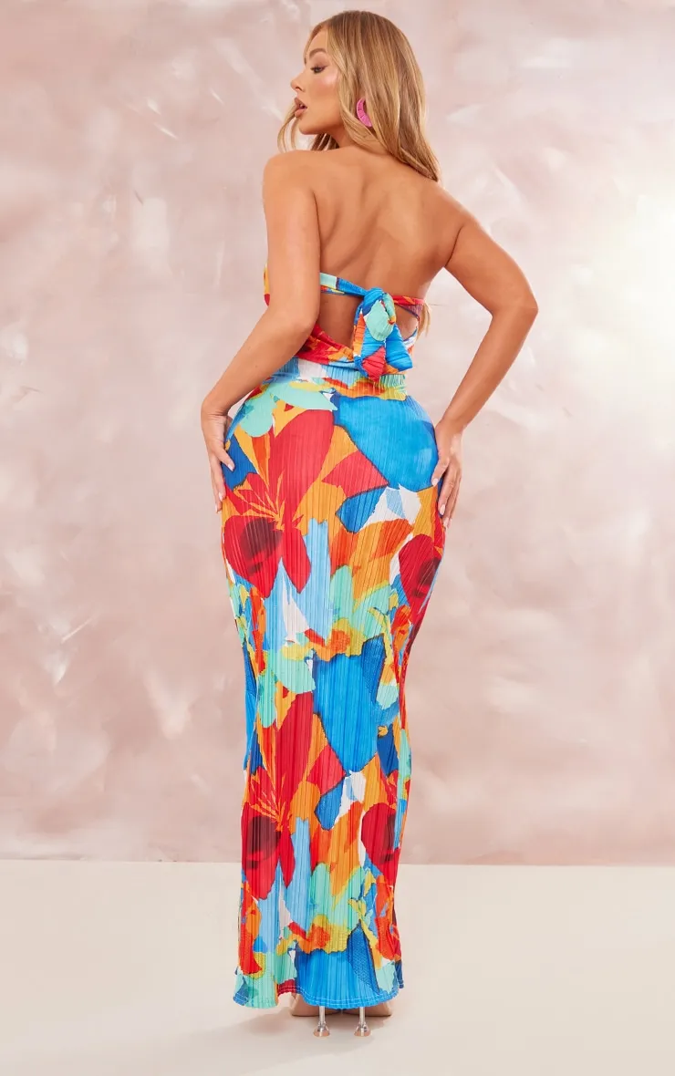 Robe bustier longue plissée multicolore à fleurs abstraites et dos bénitier