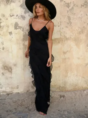 Robe chic longue volants noire