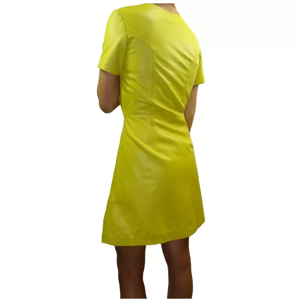 Robe cuir à pressions mi longue en agneau couleur jaune modèle Arigna