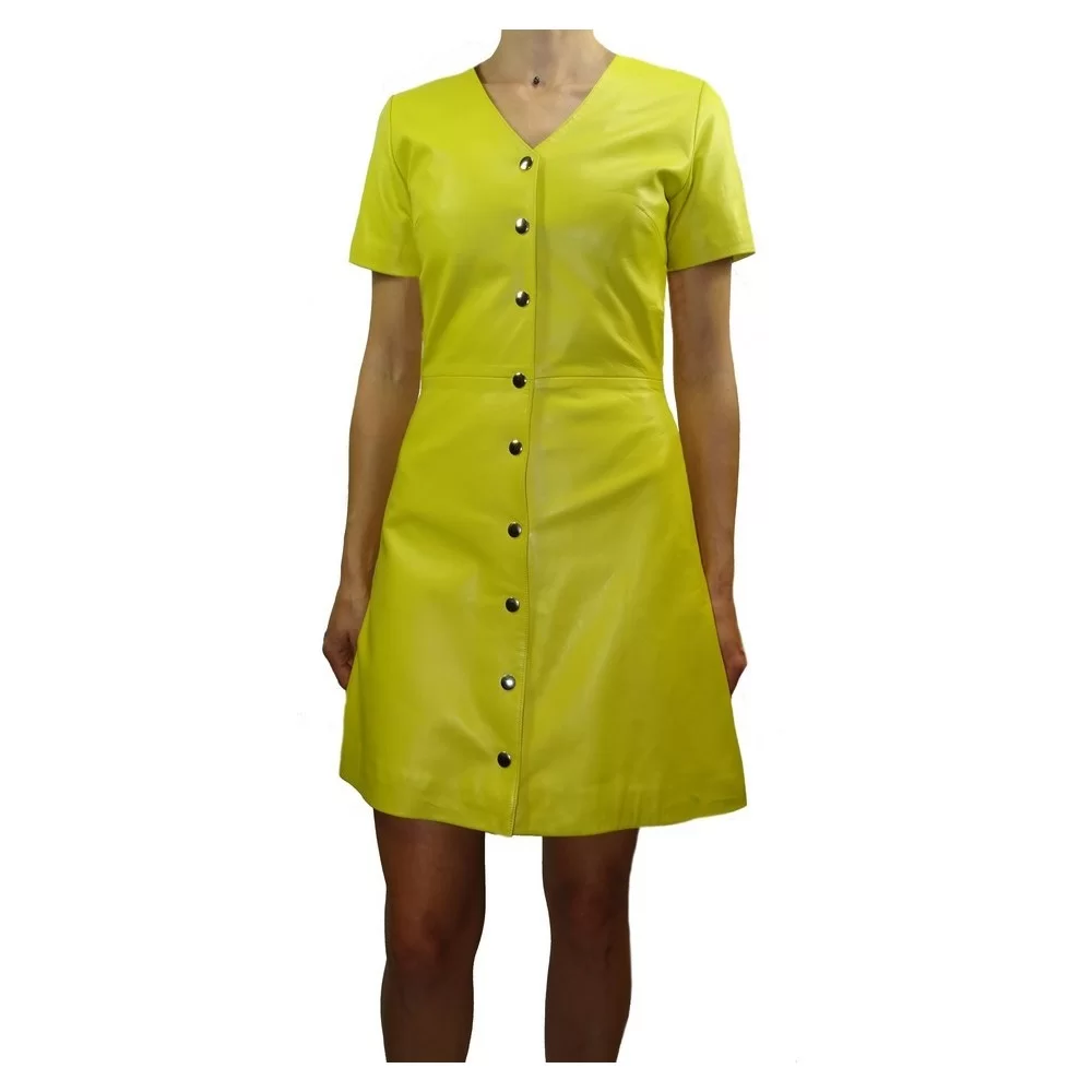 Robe cuir à pressions mi longue en agneau couleur jaune modèle Arigna