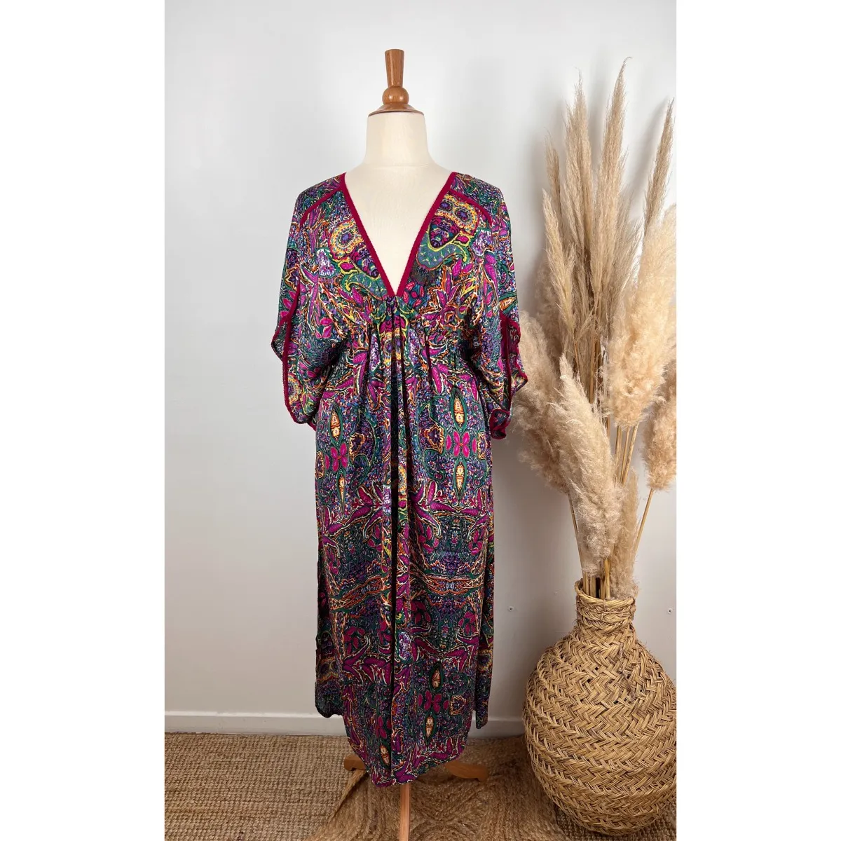 Robe longue bohème en soie imprimé multicolore grande taille