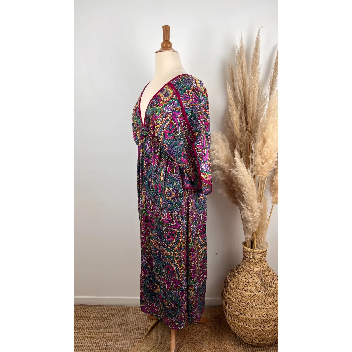 Robe longue bohème en soie imprimé multicolore grande taille