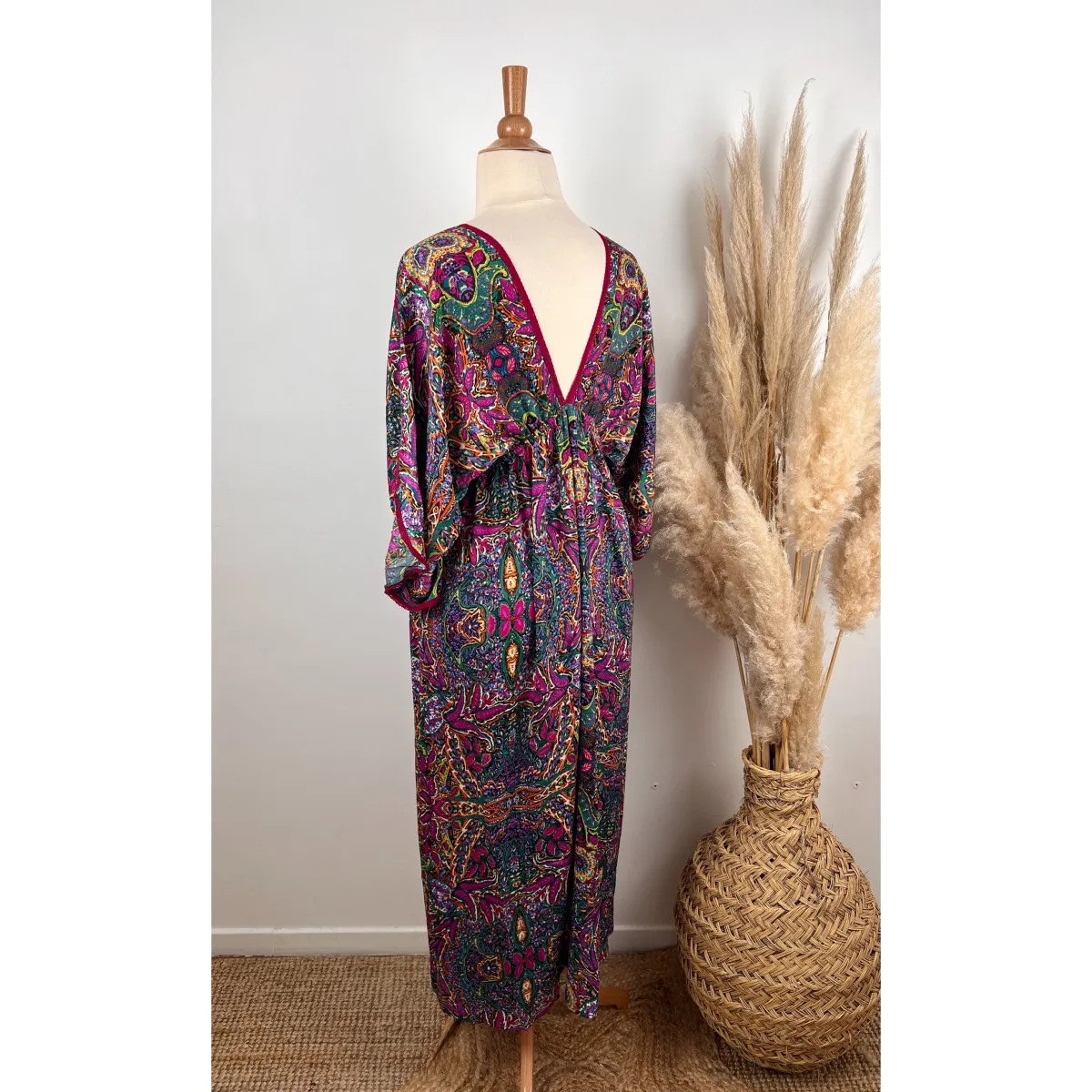 Robe longue bohème en soie imprimé multicolore grande taille