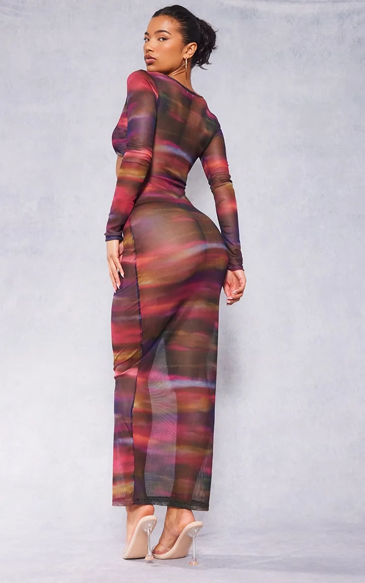 Robe longue en mesh multicolore imprimé abstrait découpée à manches longues