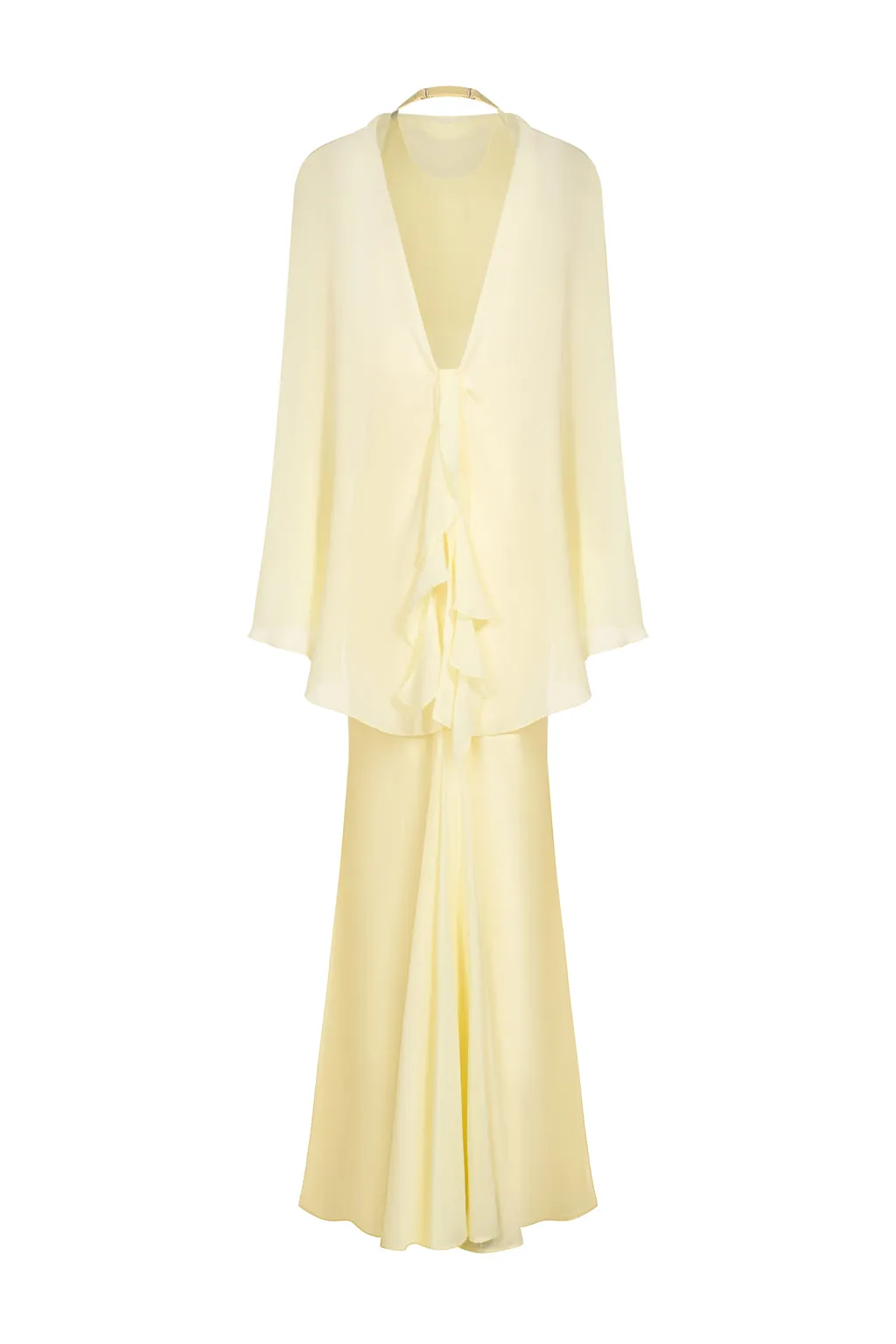 Robe longue en satin avec étole en chiffon - jaune ple