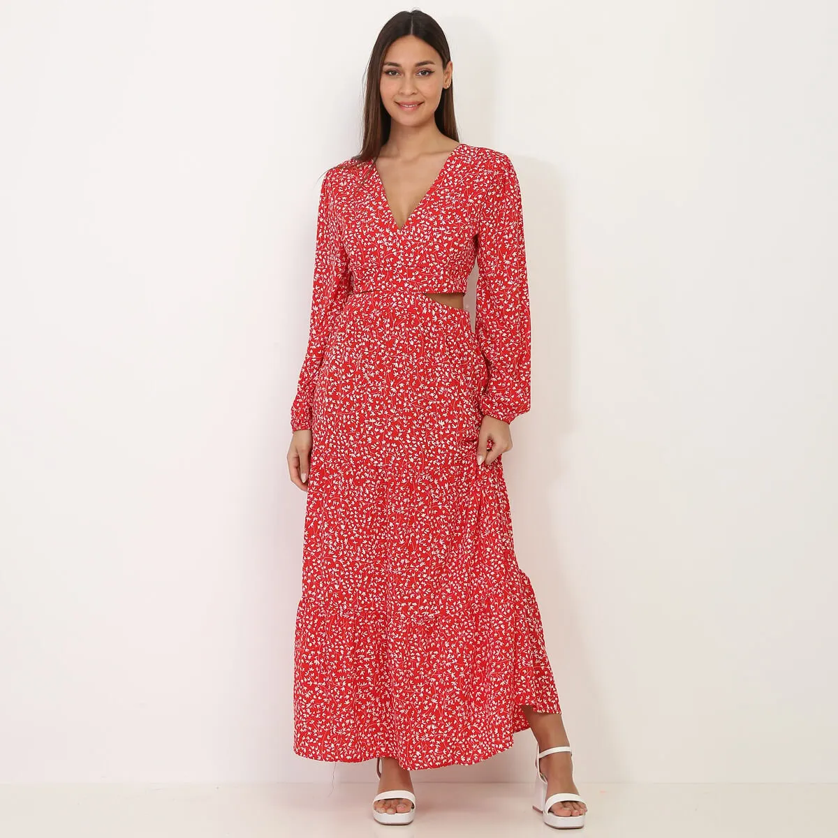 Robe longue fleurie à découpes- Rouge