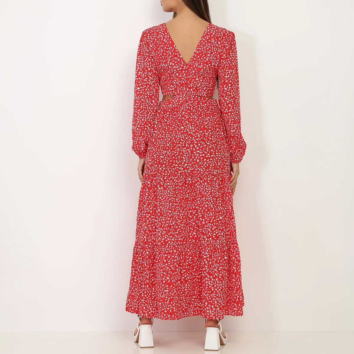 Robe longue fleurie à découpes- Rouge