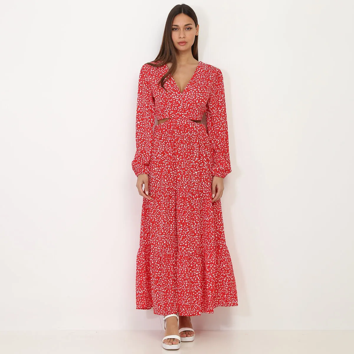 Robe longue fleurie à découpes- Rouge