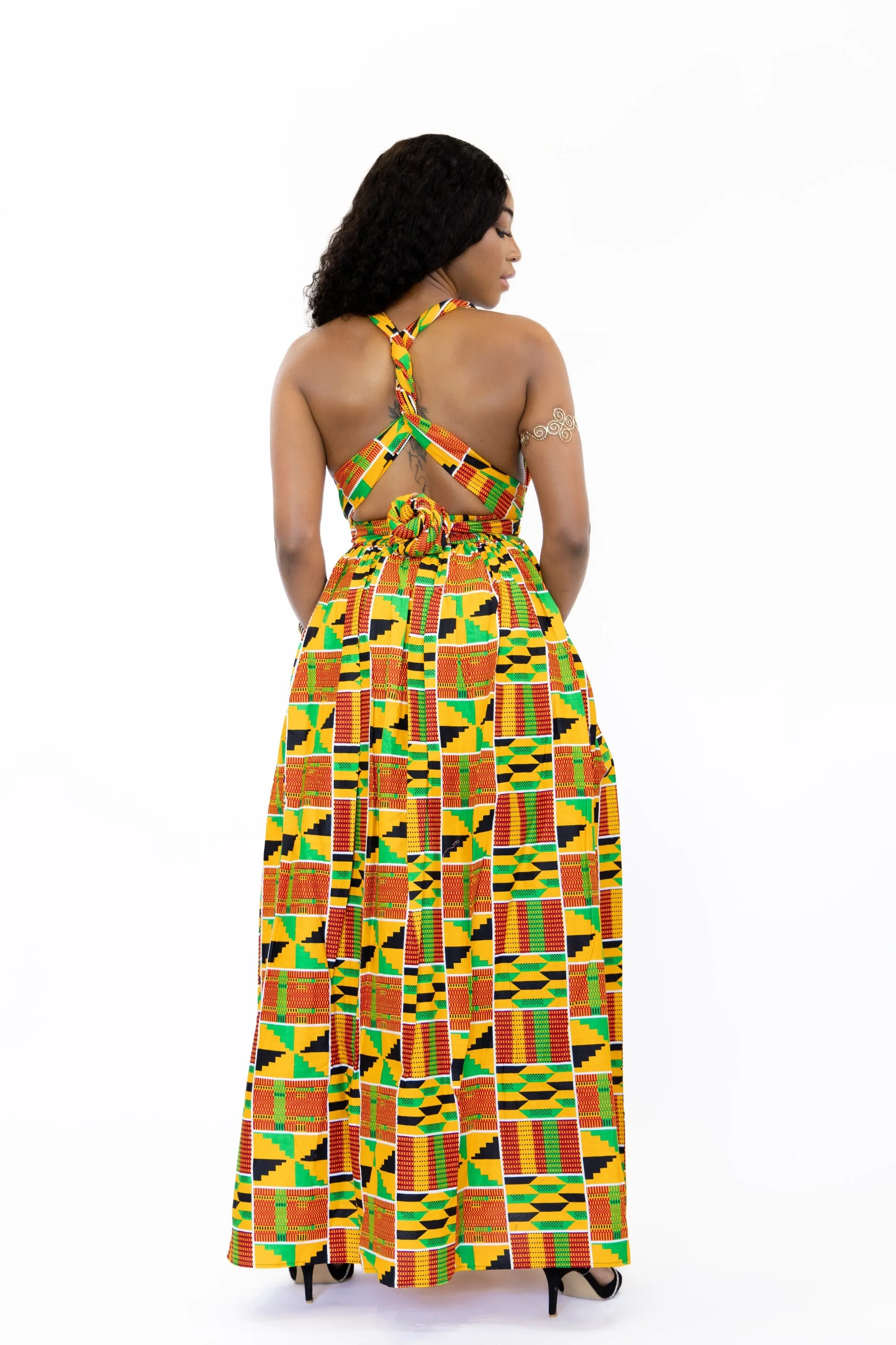 Robe longue multiway Infinity à imprimé africain Orange / vert Kente