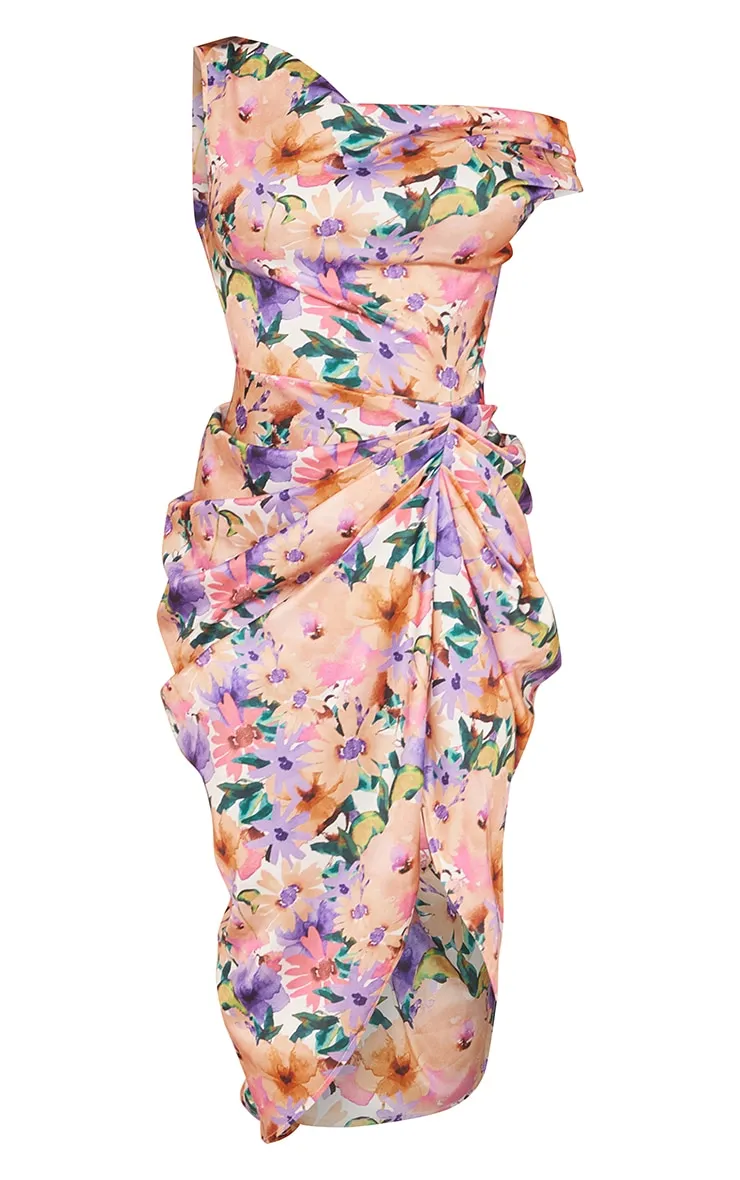 Robe mi-longue satinée fleurie multicolore à épaules dénudées et jupe drapée