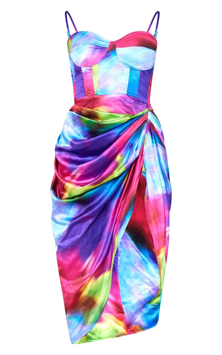 Robe mi-longue satinée multicolore détail corset à imprimé abstrait et jupe froncée