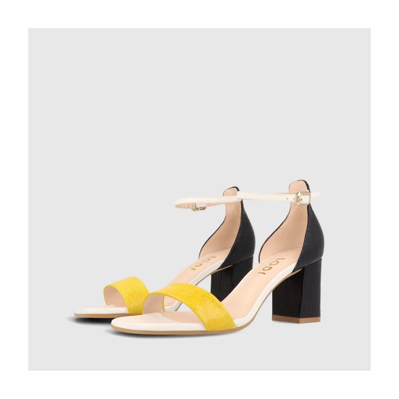 Sandale Loca en cuir blanc, bleu marine et jaune | LODI Chaussures pour femme en ligne