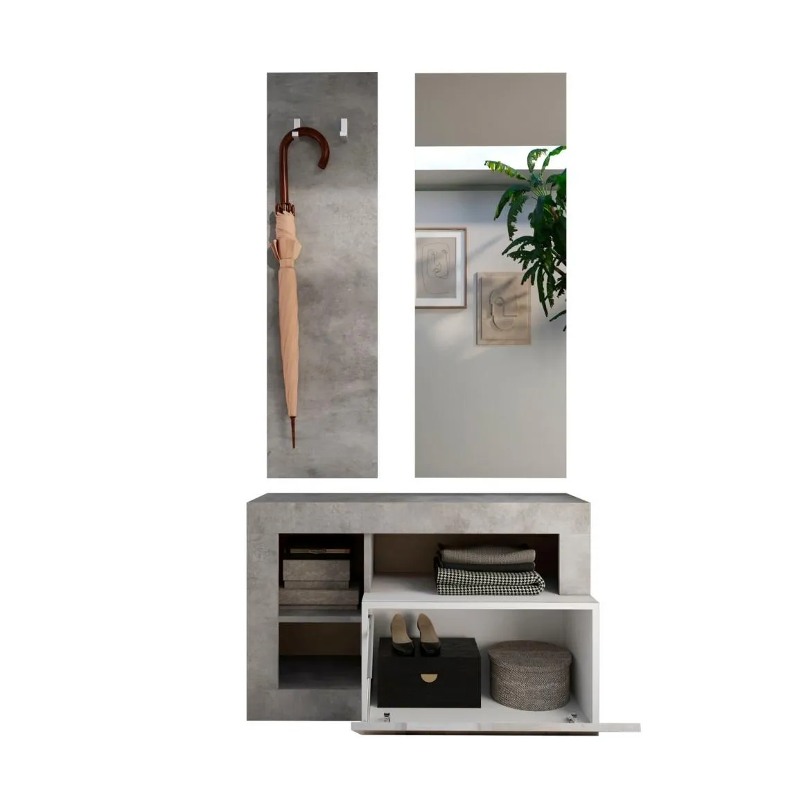 Set de Meuble d'entrée Ancona coloris effet béton avec tiroir Laqué Blanc L91 cm | 3 Suisses