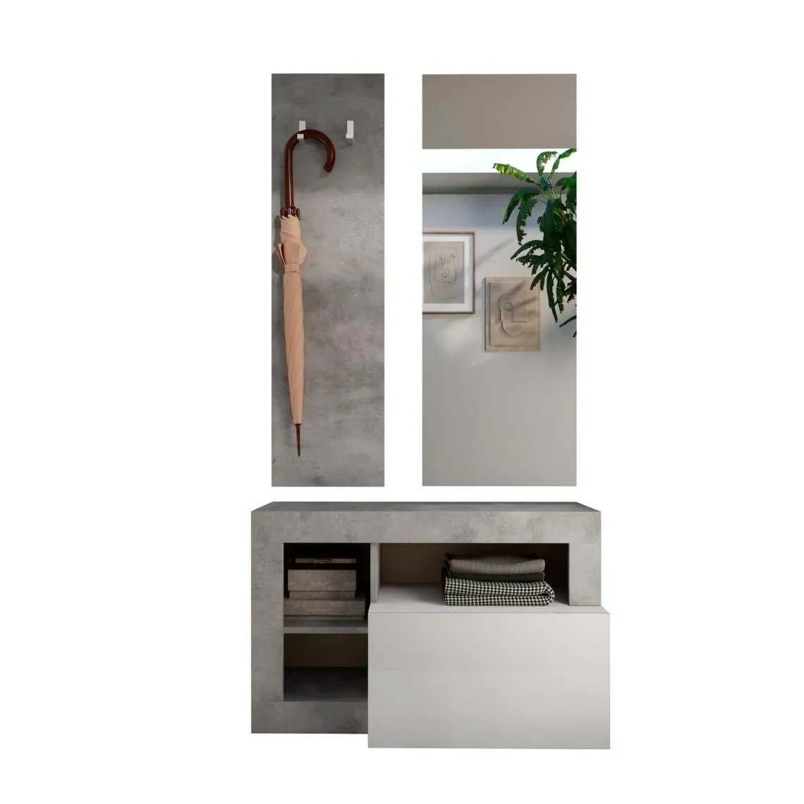 Set de Meuble d'entrée Ancona coloris effet béton avec tiroir Laqué Blanc L91 cm | 3 Suisses