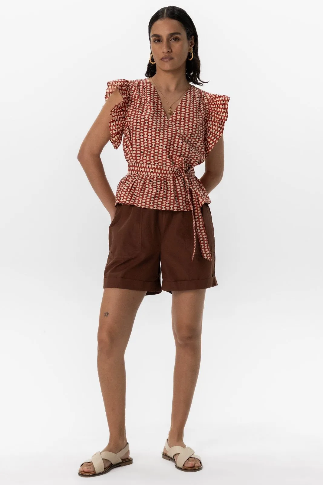 Short en popeline taille haute - marron