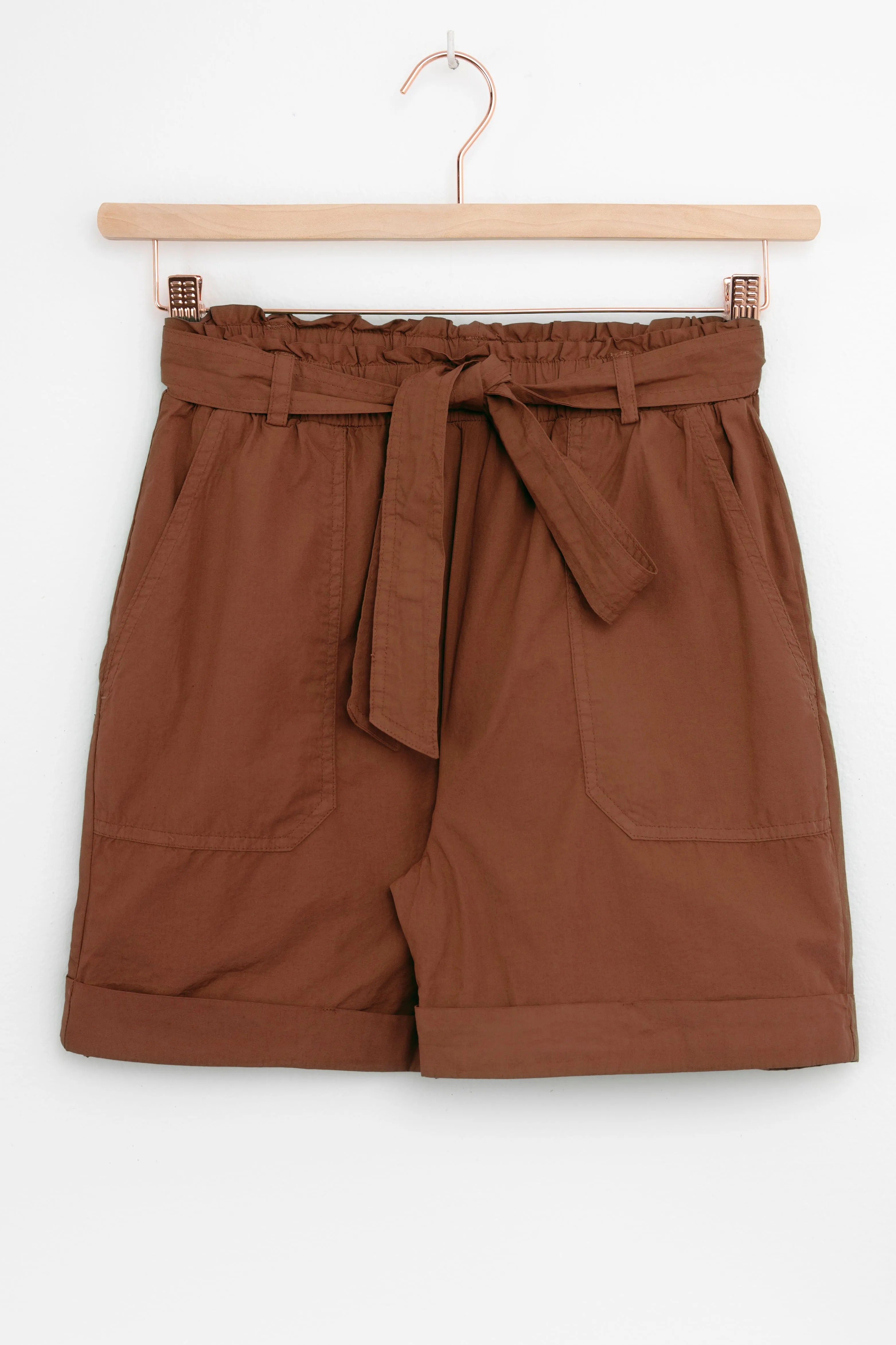 Short en popeline taille haute - marron