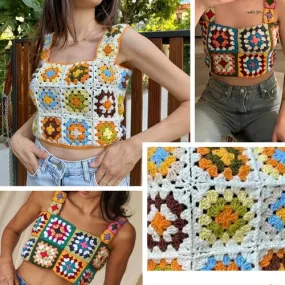 Sur commande.top débardeur au crochet  ,coton/acrylique doux  , style boho,hippie à carré grand-mère, crochet fait main,pour fem