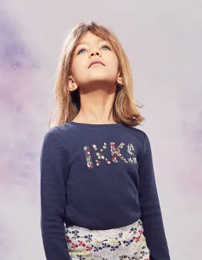 Sweat indigo IKKS brodé fleurs fille