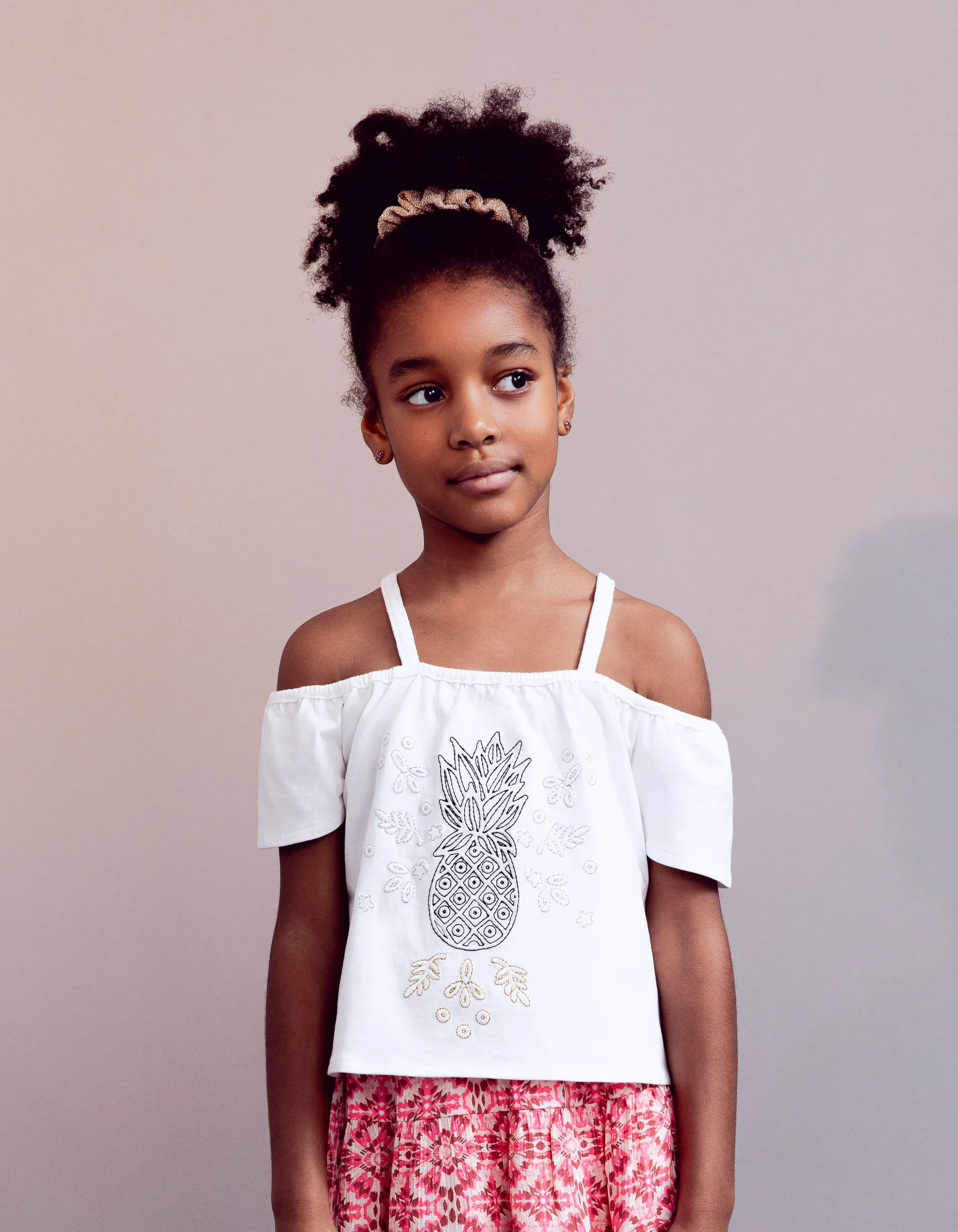 T-shirt blanc coton bio broderie ananas fille