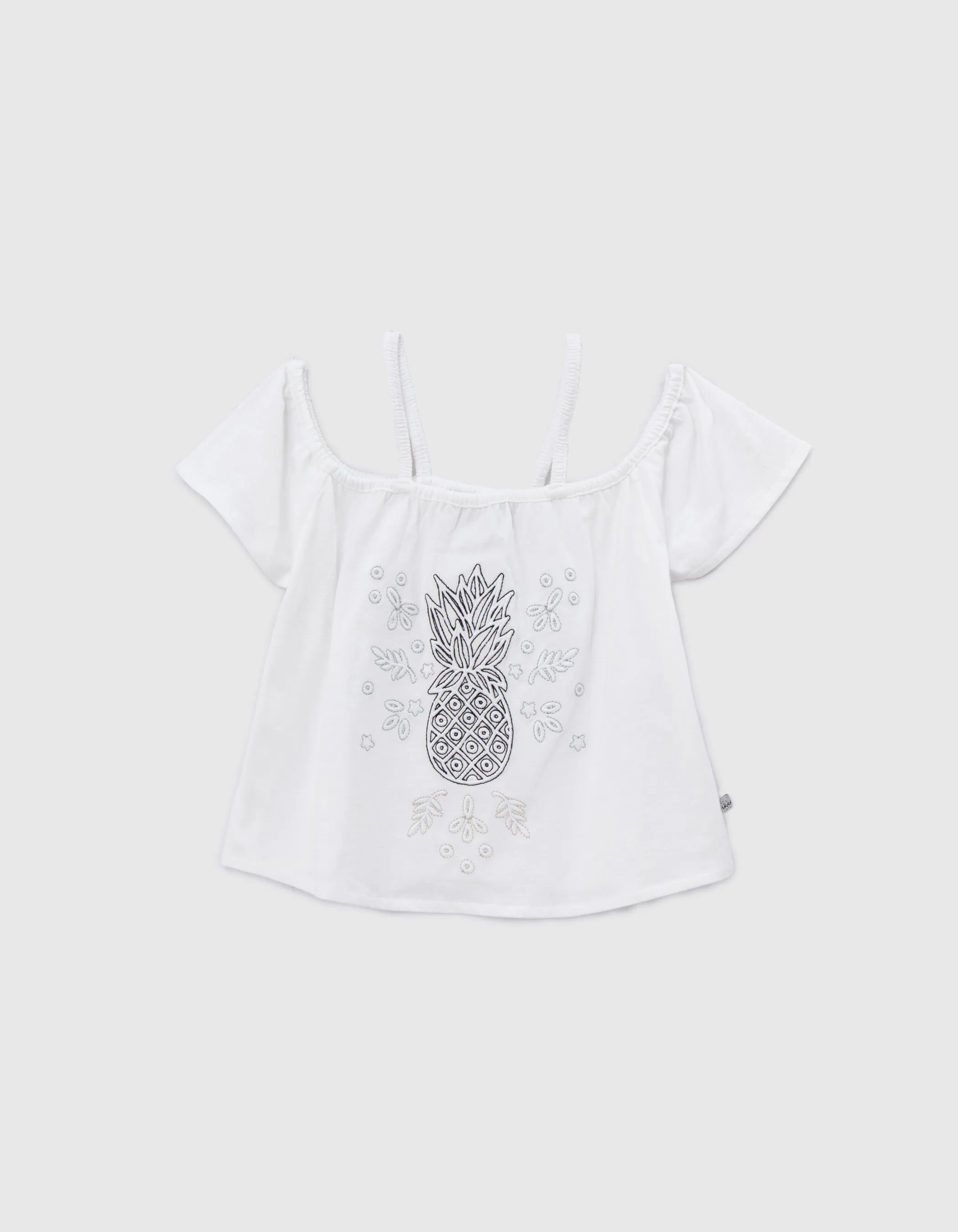 T-shirt blanc coton bio broderie ananas fille