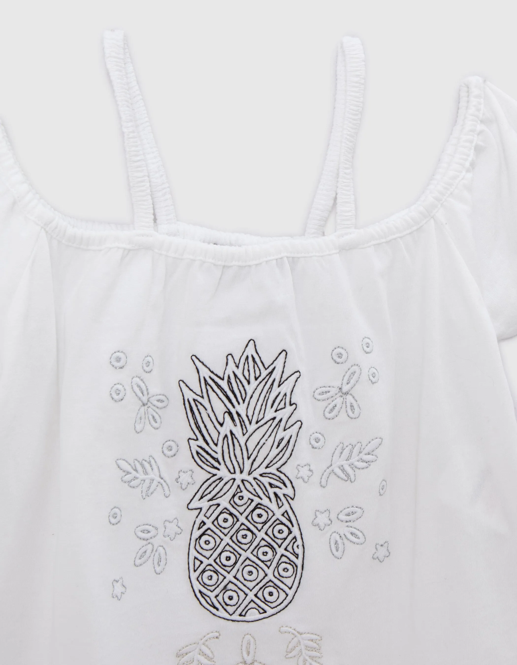 T-shirt blanc coton bio broderie ananas fille