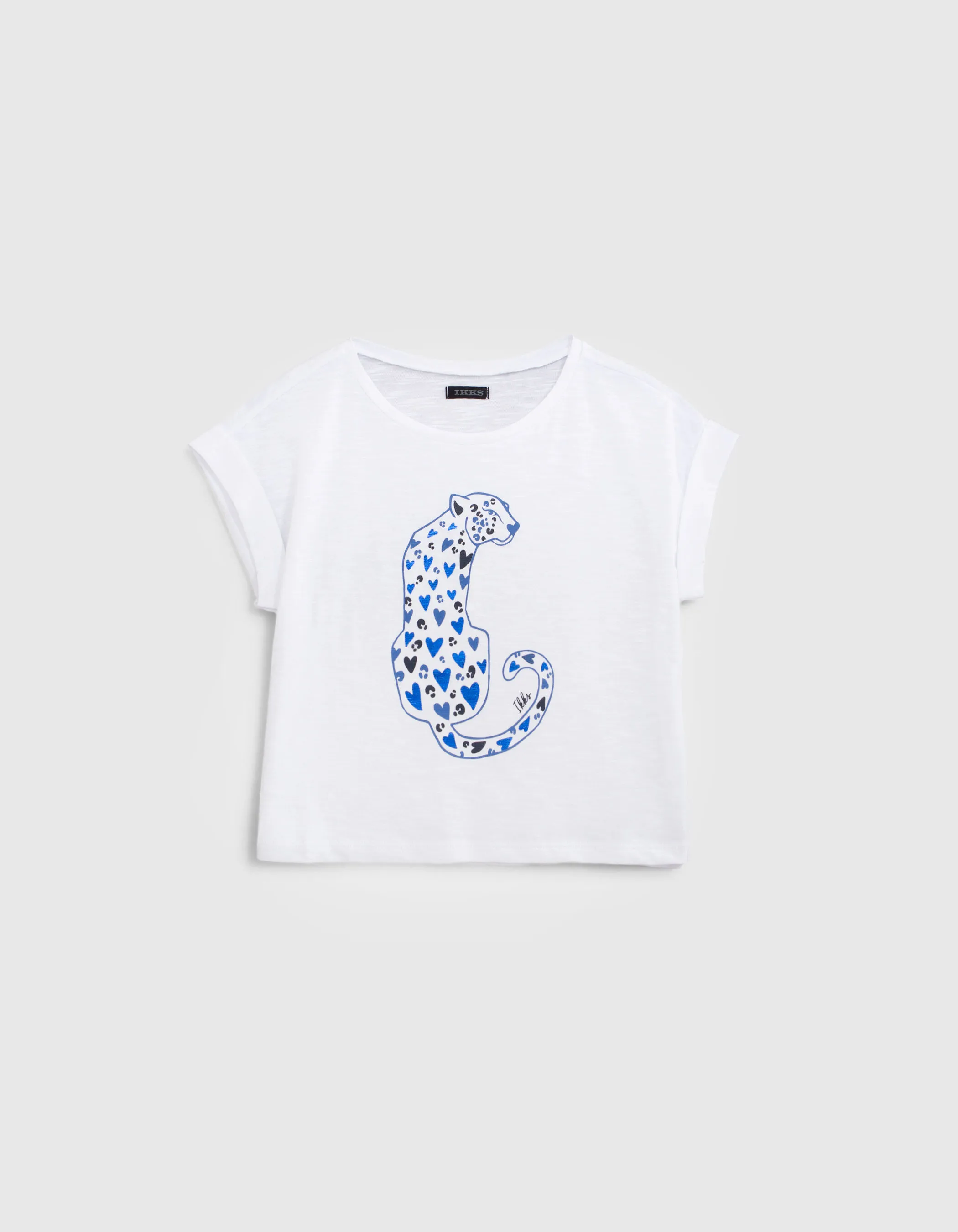 T-shirt blanc coton bio visuel léopard à cœurs fille