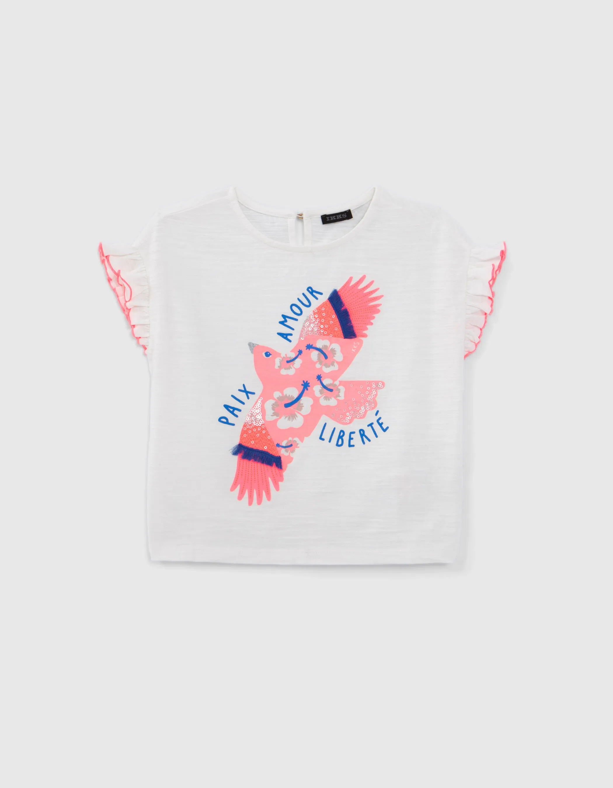 T-shirt blanc coton bio visuel oiseau rose fluo fille