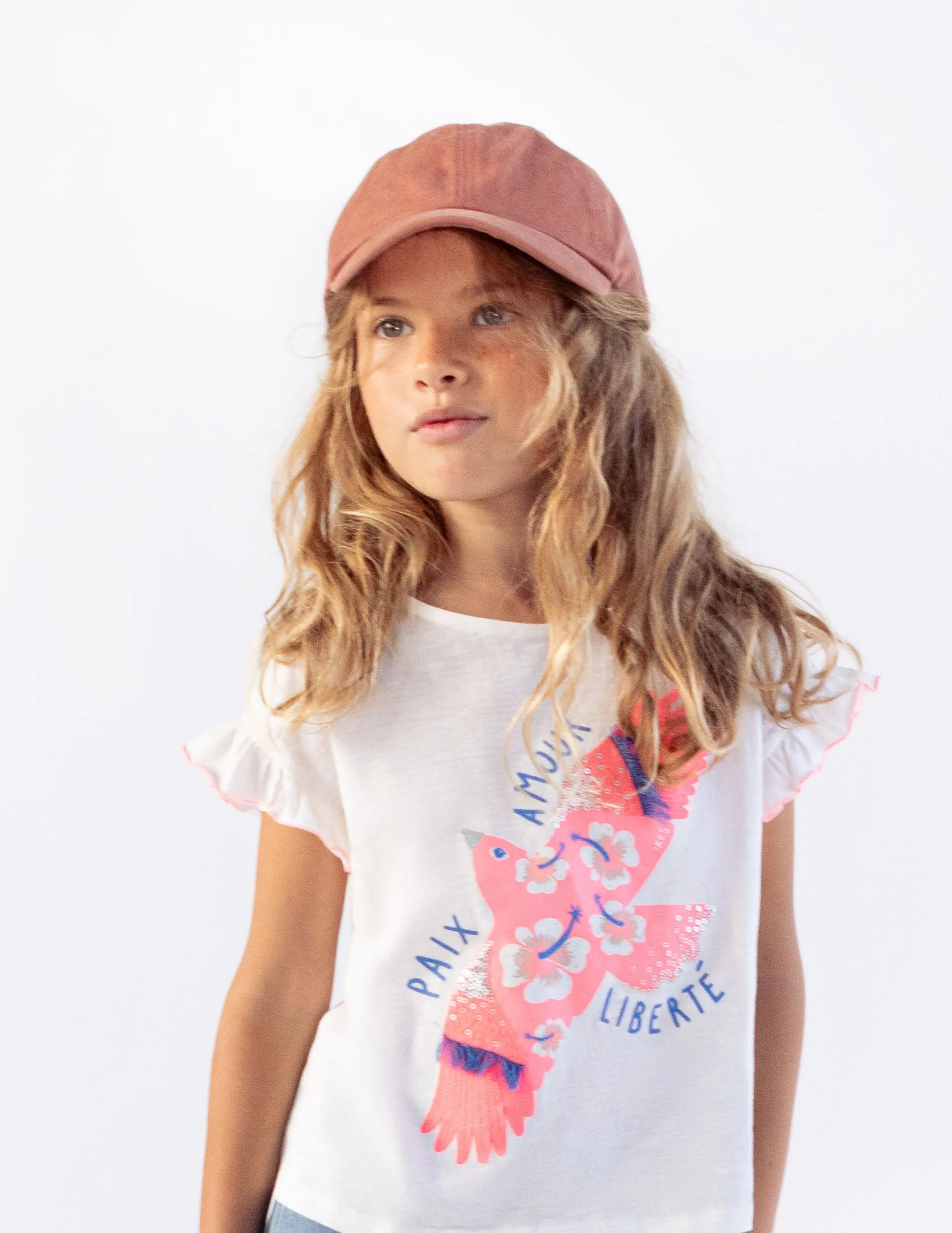 T-shirt blanc coton bio visuel oiseau rose fluo fille