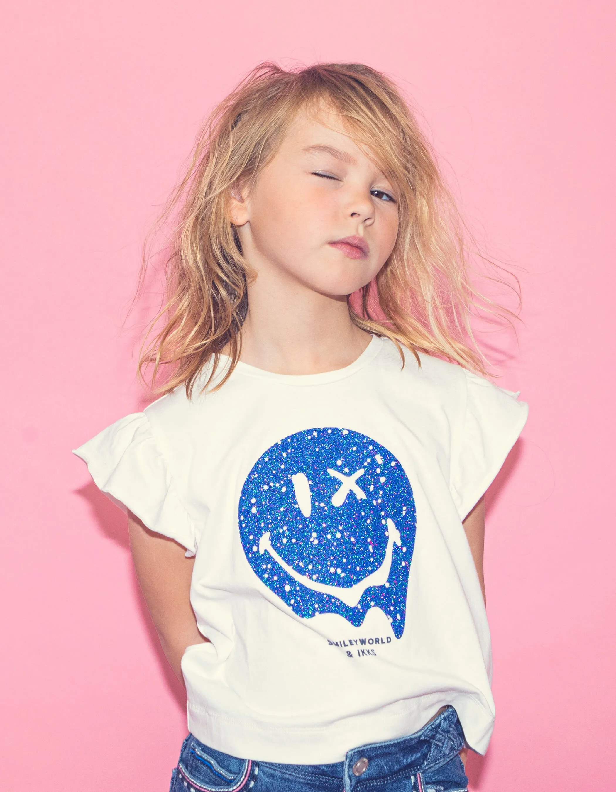 T-shirt blanc print bleu pailleté SMILEYWORLD fille