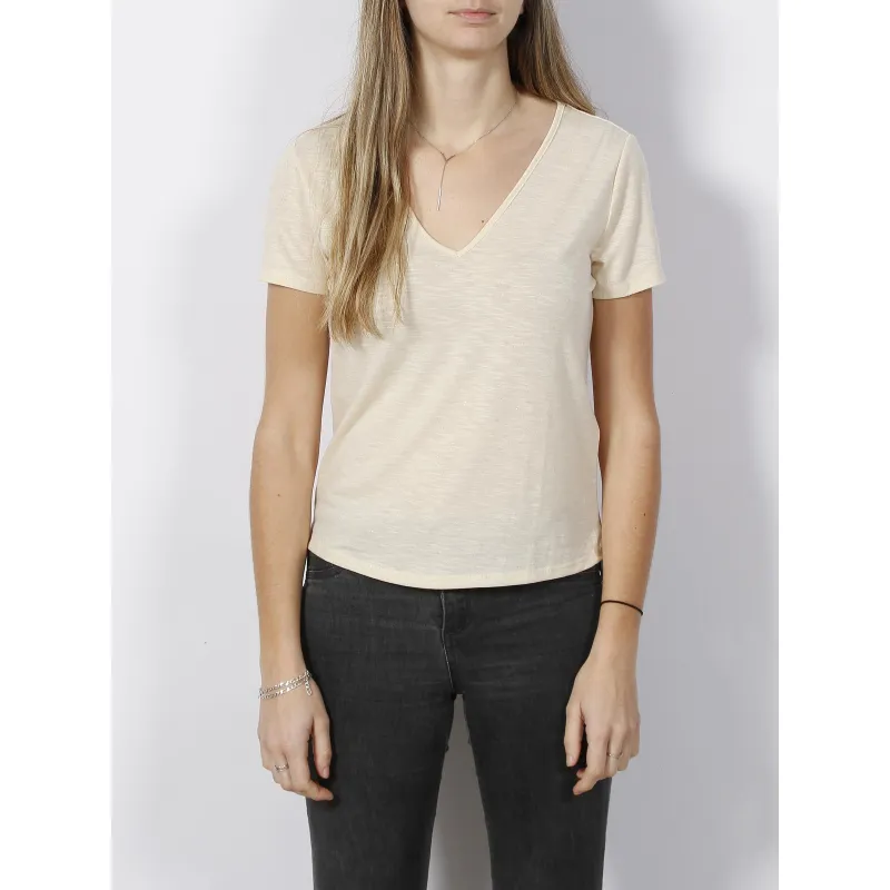 T-shirt col v côtelé kamili blanc femme - Deeluxe | wimod