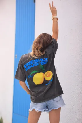 T-shirt en coton gris délavé citrons fresh jaune bleu roi