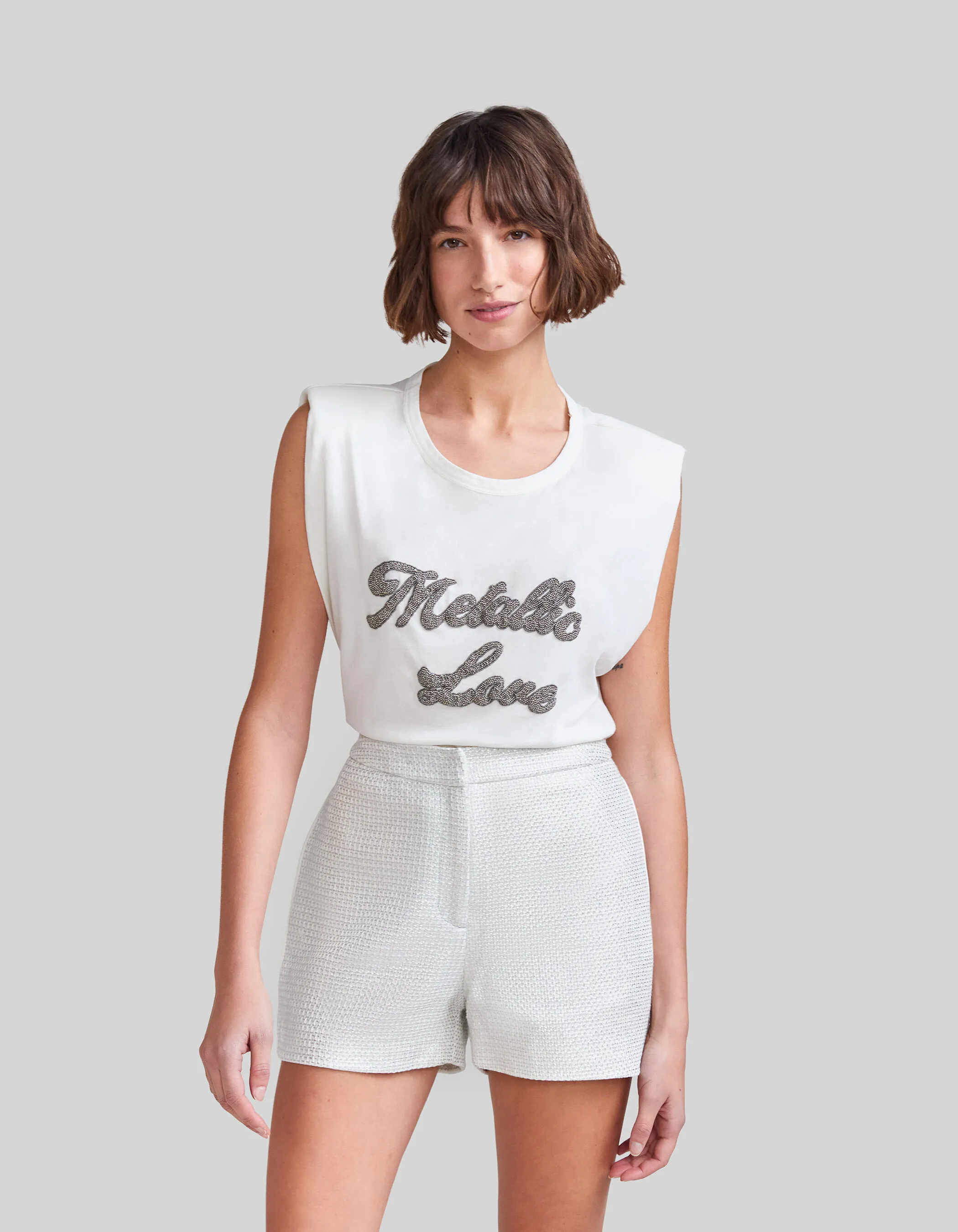 Tee-shirt blanc cassé message perlé Femme