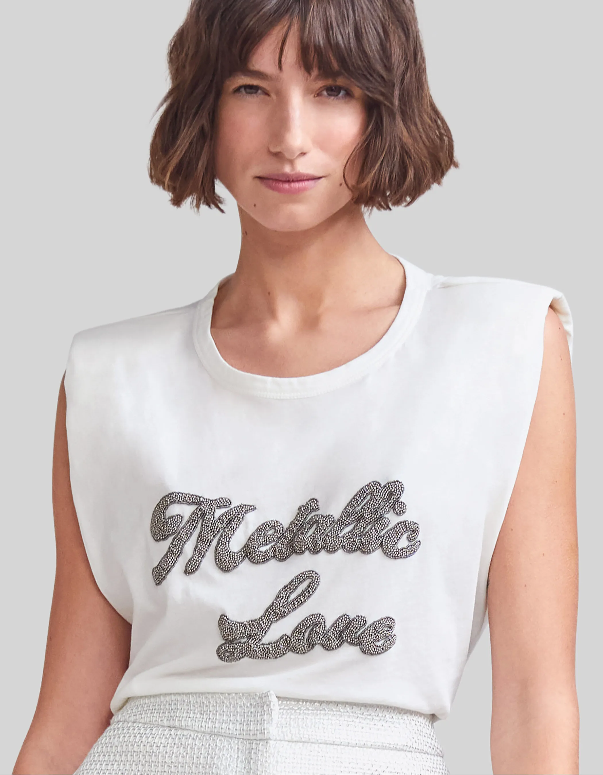 Tee-shirt blanc cassé message perlé Femme