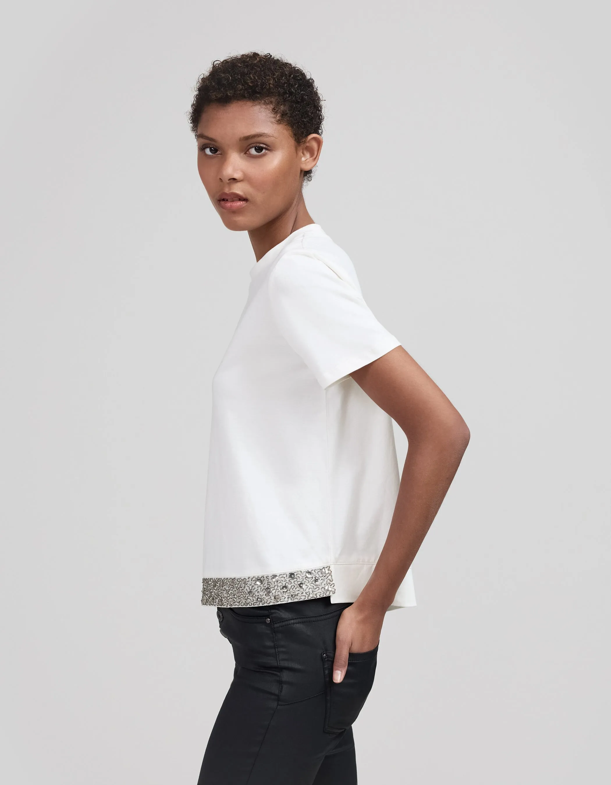 Tee-shirt blanc coton bio broderies-bijou Femme