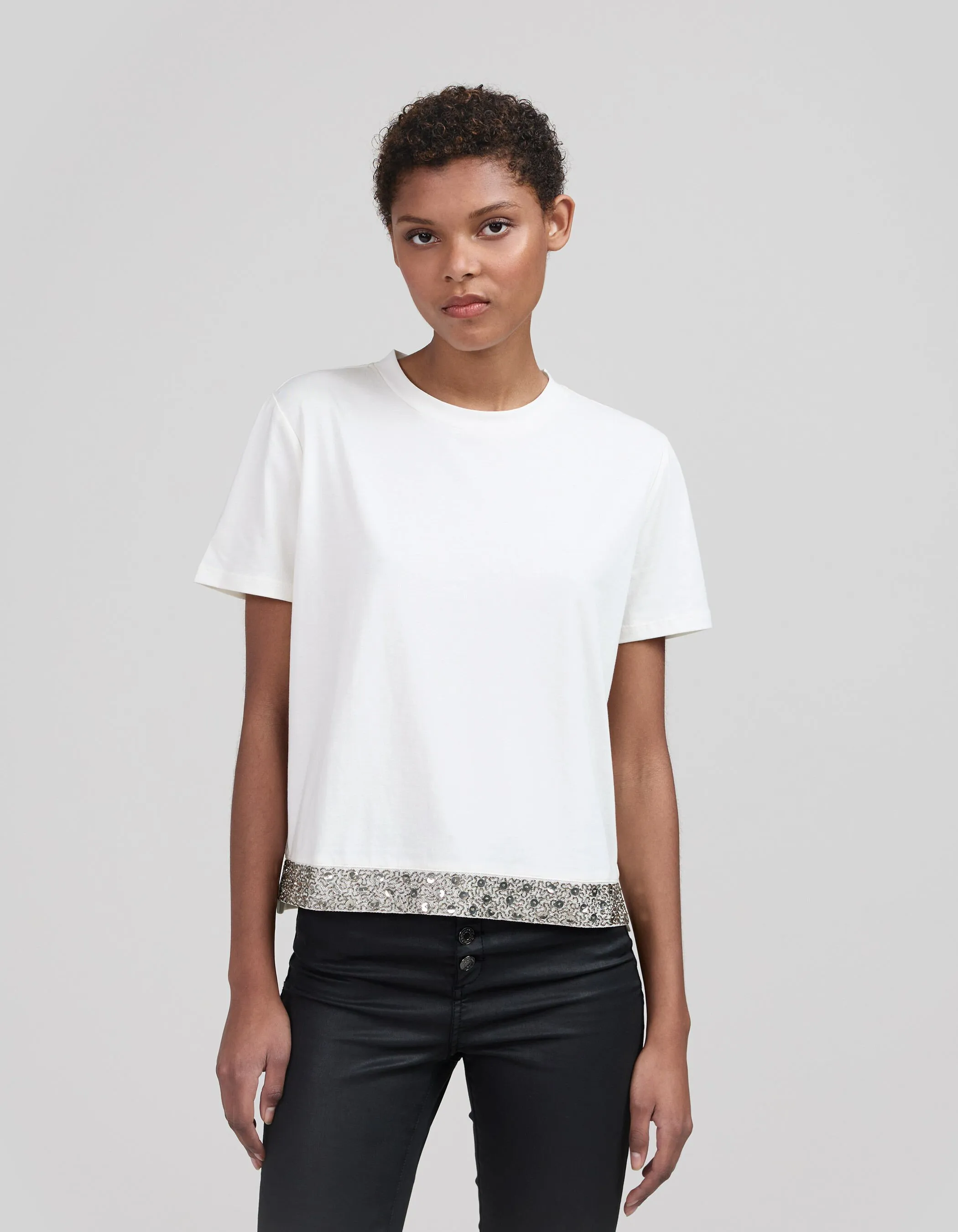 Tee-shirt blanc coton bio broderies-bijou Femme